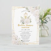 Invitation Bougie de baptême florale roses blanches chic (Debout devant)