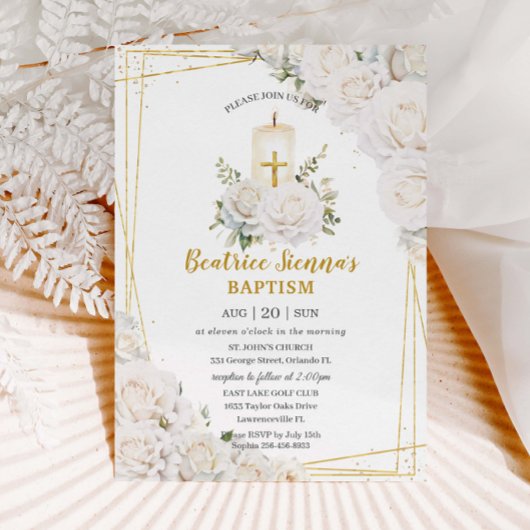Invitation Bougie de baptême florale roses blanches chic