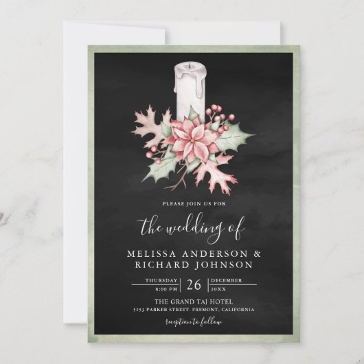 Invitation Bougie de Noël Poinsettia QR Code Mariage noir (Devant)