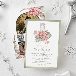 Invitation Bougie de Noël rustique au poinsettia Code QR de m
