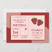Invitation Bougie et fraises 1er anniversaire rose et rouge (Devant)