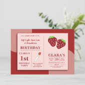Invitation Bougie et fraises 1er anniversaire rose et rouge (Debout devant)