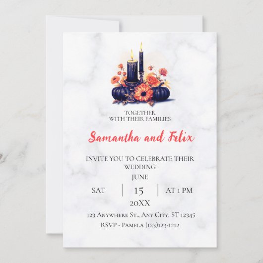 Invitation Bougie Noire Mariage Moisson d'Automne Marbre (Devant)