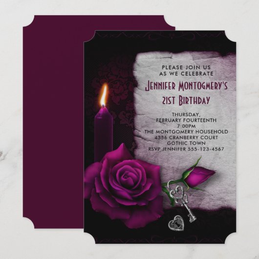 Invitation Bougie Rose gothique et emplacement fête d'anniver (Devant / Derrière)
