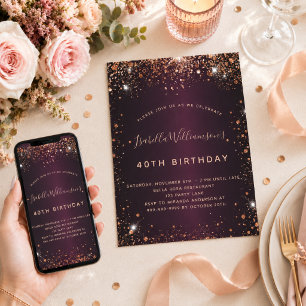 Invitation Bougies d'anniversaire rose gold burgundy scintill