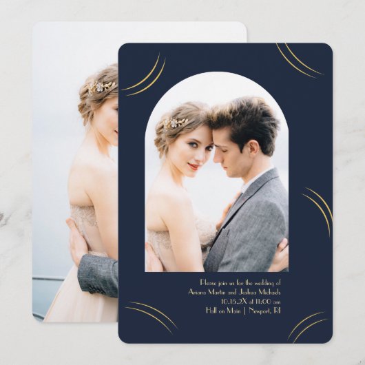 Invitation Bougies d'or Deux photos Mariage bleu foncé (Devant / Derrière)