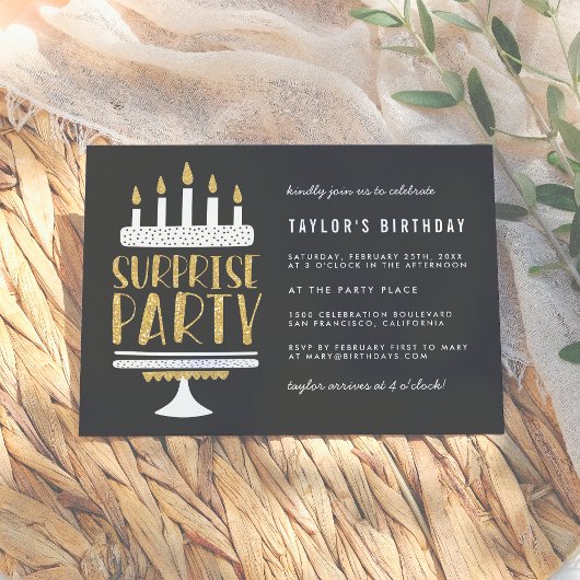 Invitation Bougies d'or et gâteau Surprise fête d'anniversair