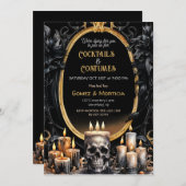 Invitation Bougies en or noir Halloween Crâne Éffrayant (Devant / Derrière)