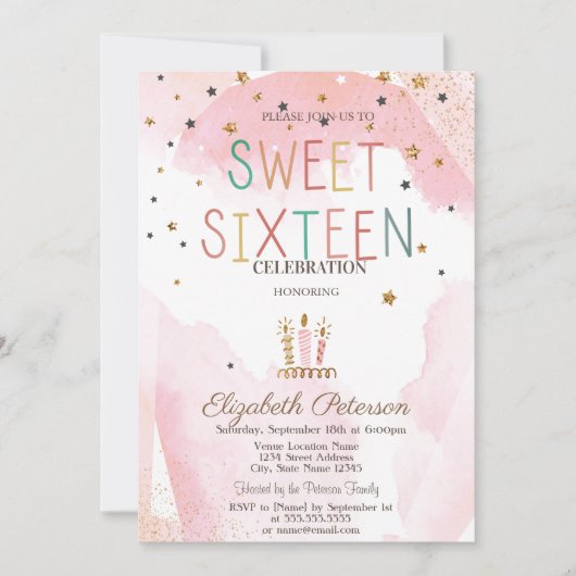 Invitation Bougies mignonnes Étoiles colorées Douce 16 (Devant)