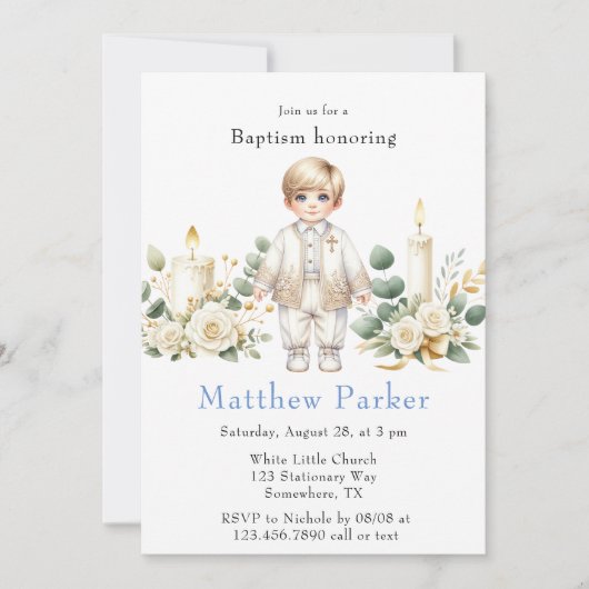 Invitation Bougies vertes Cartoon Boy Baptême (Devant)