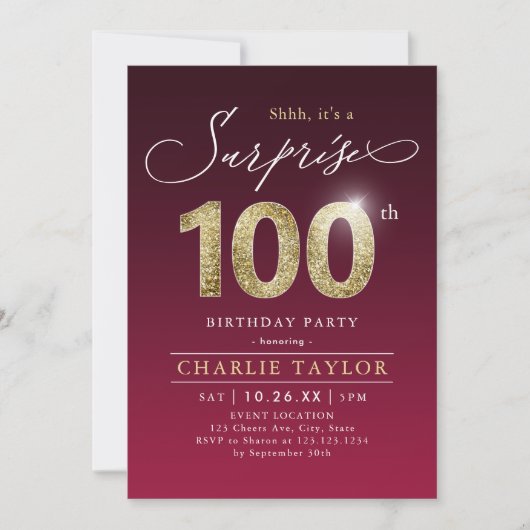 Invitation Bougogne moderne or adulte surprise 100e anniversa (Devant)