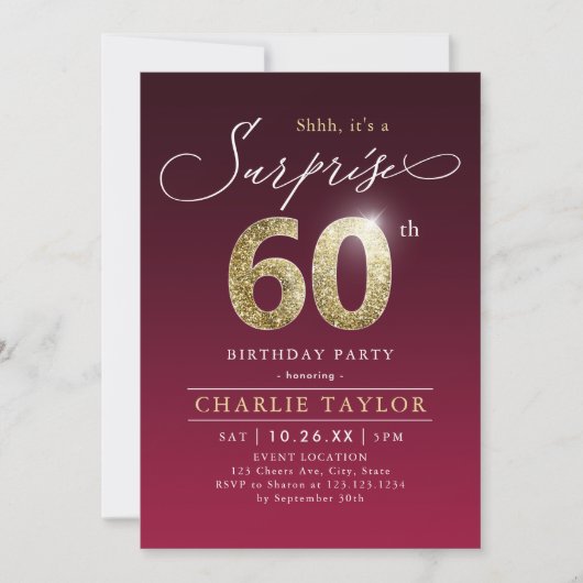 Invitation Bougogne moderne or adulte surprise 60e anniversai (Devant)