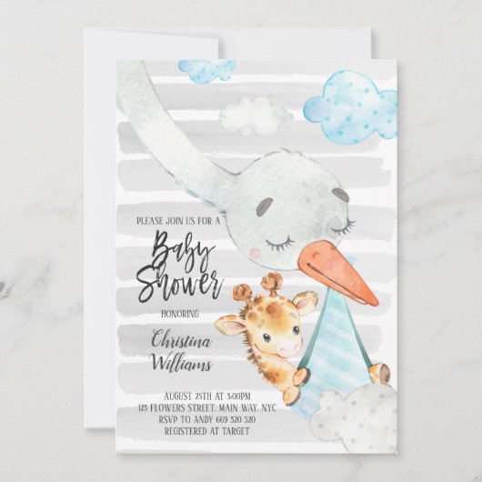 Invitation Bouilloire et Giraffe Cub Garçon Baby shower bleu  (Devant)