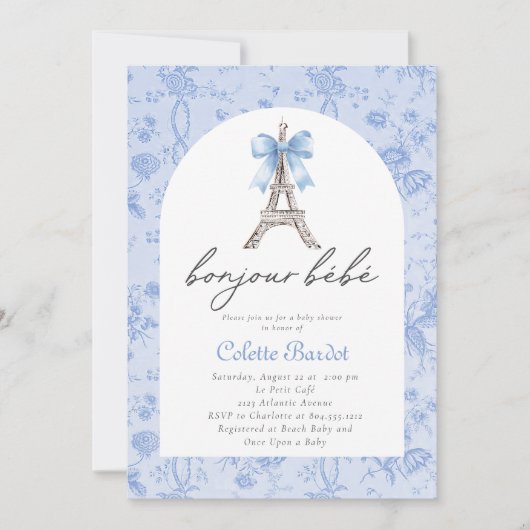 Invitation Boujour Bebe Paris Toile Baby shower bleu (Devant)