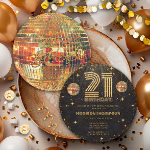 Invitation Boule à facettes disco or noir Anniversaire 21 ans