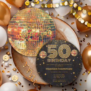Invitation Boule à facettes Or Noir Anniversaire 50 ans Fête