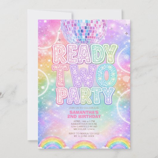 Invitation Boule à facettes pastel arc-en-ciel Deuxième anniv (Devant)