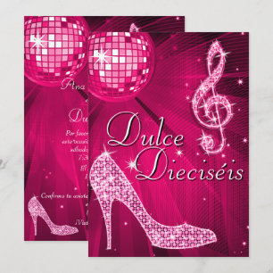 Invitation Boule à facettes rose espagnole et talons à paille