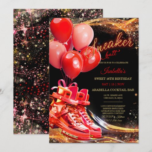 Invitation Boule Basket d'or rouge personnalisé Anniversaire (Devant / Derrière)