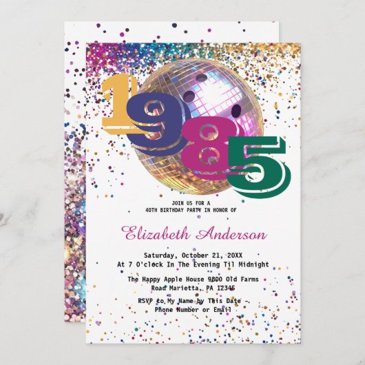 Invitation Boule de bowling disco colorée 1985 40e anniversai (Devant / Derrière)