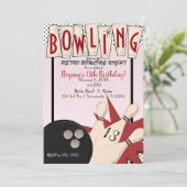Invitation Boule de bowling rétro rouge rose soirée d'anniver (Debout devant)