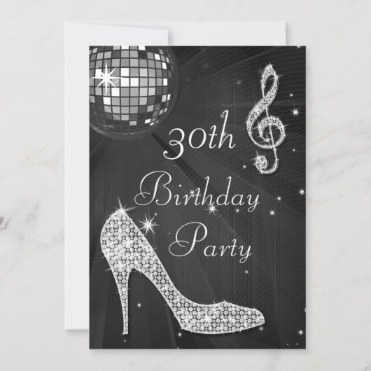 Invitation Boule de disco et talons noir et argent 30e annive (Devant)
