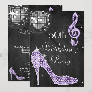 Invitation Boule de disco et talons noir et lilas 50e anniver
