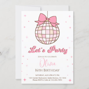 Invitation Boule de Disco Mignonne Anniversaire ruban rose