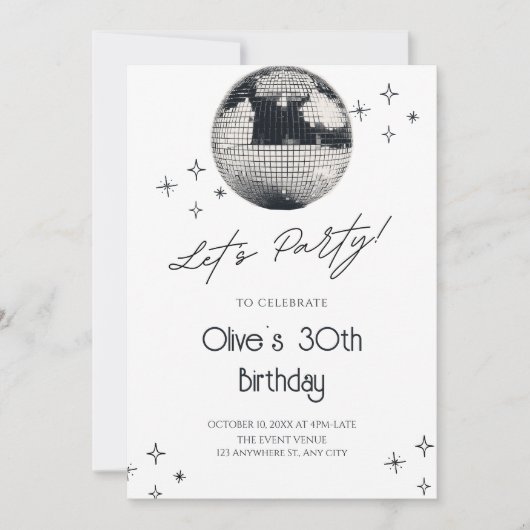 Invitation Boule de disco noire et blanche pour soirée (Devant)