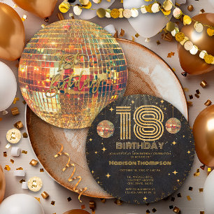 Invitation Boule de disco Or Noir Anniversaire 18 ans Fête