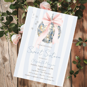 Invitation Boule de disco rétro chic nœud papillon rayures bl