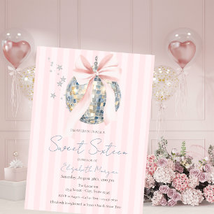 Invitation Boule de disco rétro chic nœud rose rayé Sweet 16