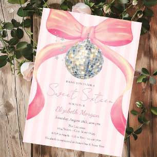 Invitation Boule de disco rétro chic nœud rose rayures Sweet