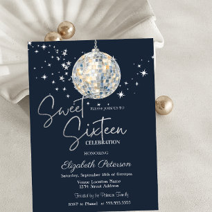 Invitation Boule de disco rétro étoiles bleu marine Sweet 16
