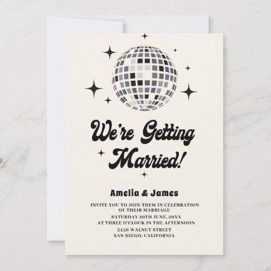 Invitation Boule de Disco Rétro Mariage Noir Blanc (Devant)