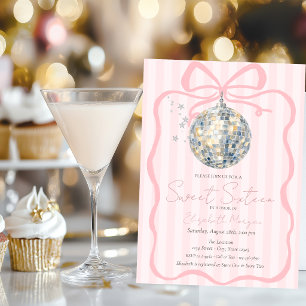 Invitation Boule de disco Rétro Ruban Rose Rayures Douce 16