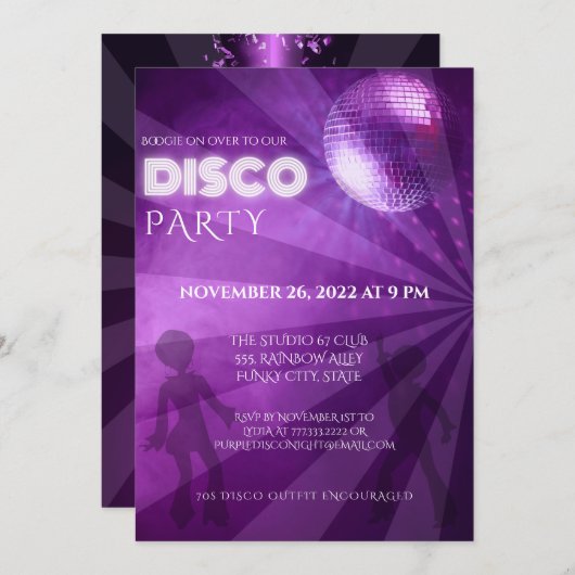 Invitation Boule de disco violet cool Fête (Devant / Derrière)