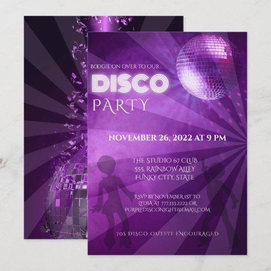 Invitation Boule de disco violette cool pour soirée (Devant / Derrière)