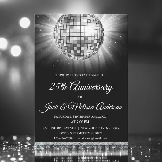 Invitation Boule de discothèque argentée pour fête d'annivers