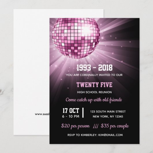 Invitation Boule de discothèque rose (Devant / Derrière)