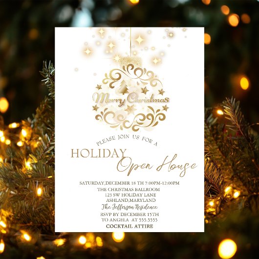 Invitation Boule de Noël dorée scintillement maison ouverte p