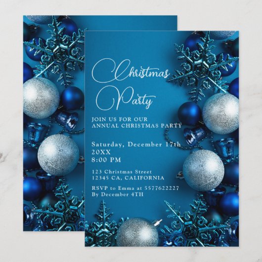 Invitation Boule de Noël Party Blue (Devant / Derrière)