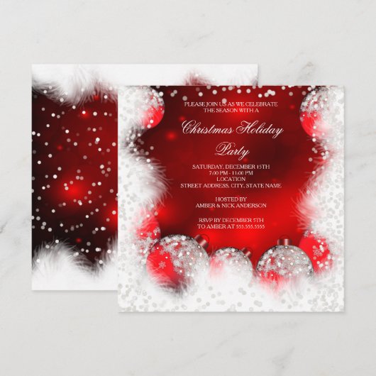 Invitation Boule de Noël Rouge Blanc Flocon de Neige Fête de (Devant / Derrière)