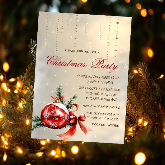 Invitation Boule de Noël rouge, ruban de fête