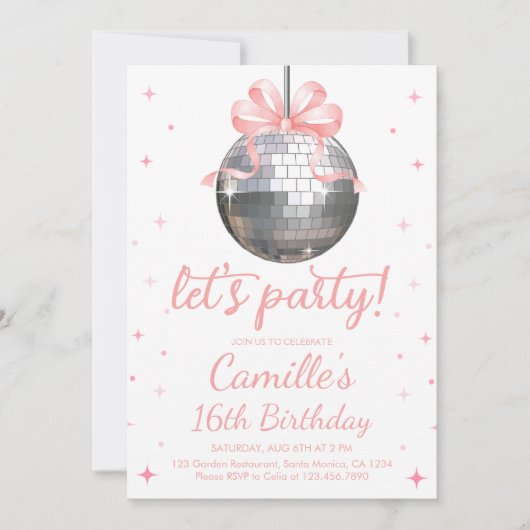 Invitation Boule Disco Argent | arc rose Anniversaire (Devant)