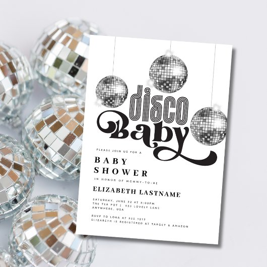 Invitation Boule disco argentée Baby Shower Rétro Disco
