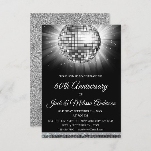 Invitation Boule disco argentée pour fête des 60 ans de maria (Devant / Derrière)