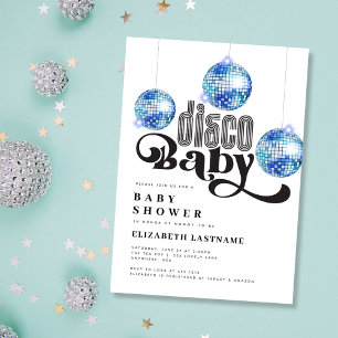 Invitation Boule disco bleue Baby Shower Rétro Disco