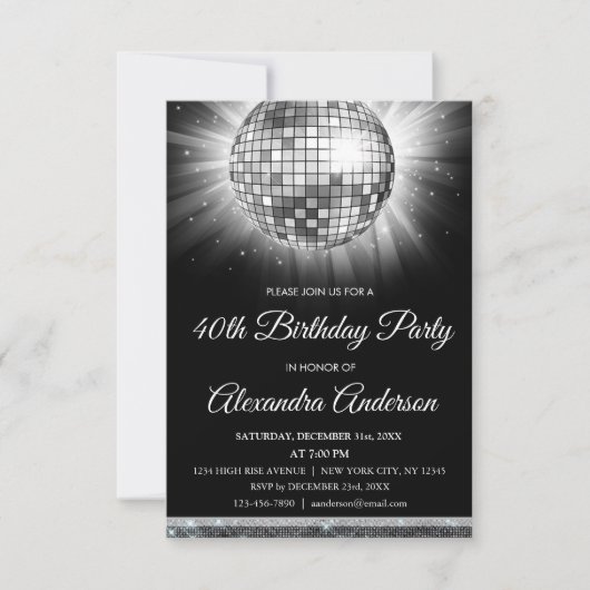 Invitation Boule Disco de fête d'anniversaire de 40e Argent (Devant)