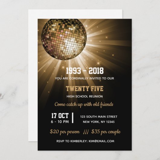 Invitation Boule disco dorée (Devant / Derrière)